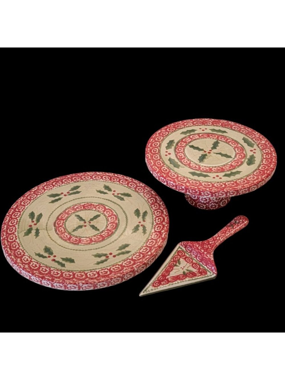 Temptations Old World Holiday Holly Berry Lazy Susan Cake Stand Pie Server Lot